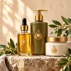 NaturePearl face cream, serum and hair oil bottles on a stone surface with green leaves