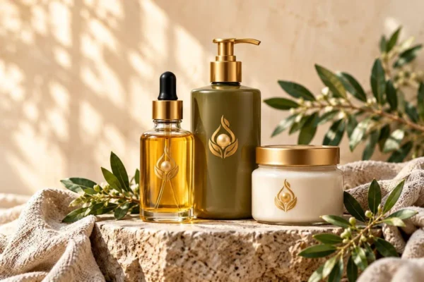 NaturePearl face cream, serum and hair oil bottles on a stone surface with green leaves