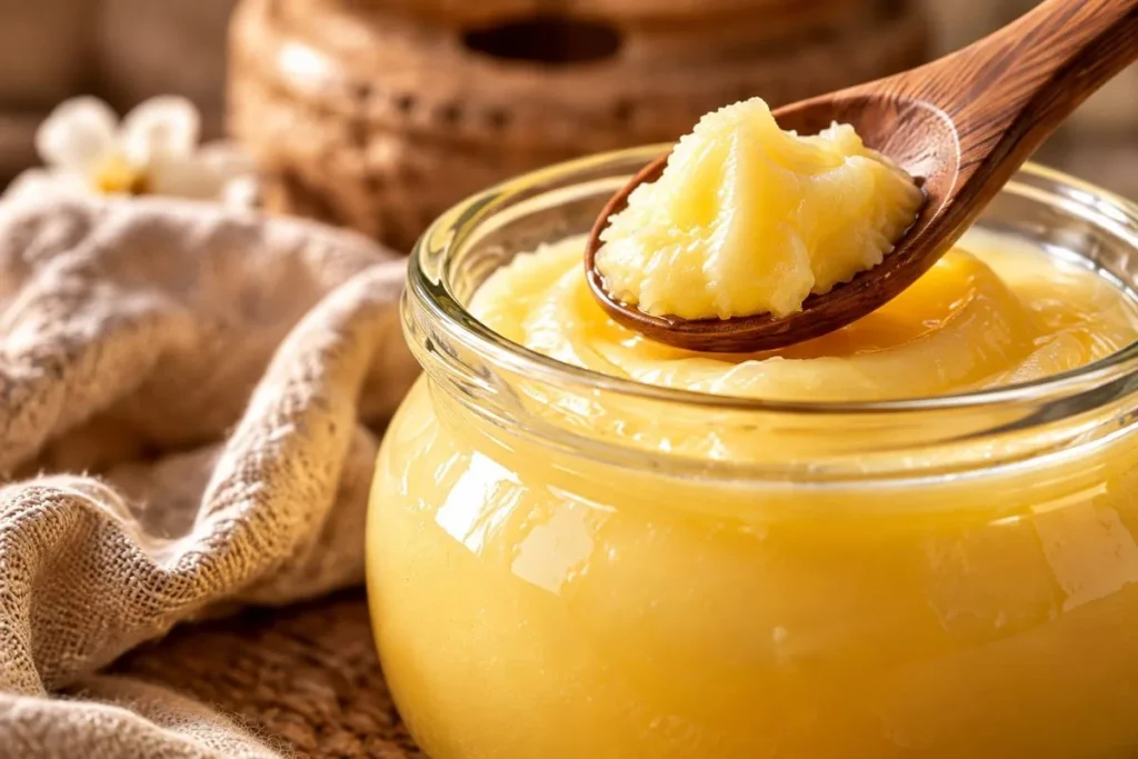 A glass jar of grainy golden desi ghee with a wooden spoon