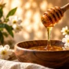 Raw honey dripping from a wooden dipper into a wooden bowl, with white flowers