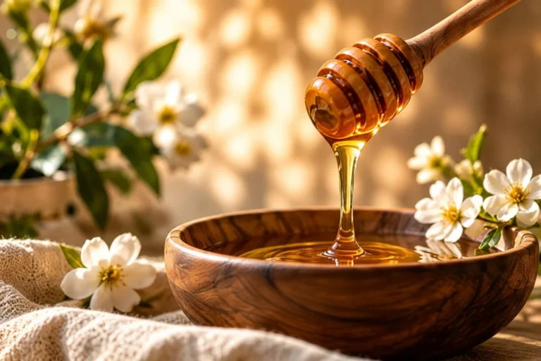 Raw honey dripping from a wooden dipper into a wooden bowl, with white flowers