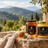 NaturePearl raw honey and desi ghee jars on a stone wall with honeycomb, flowers and green hills behind