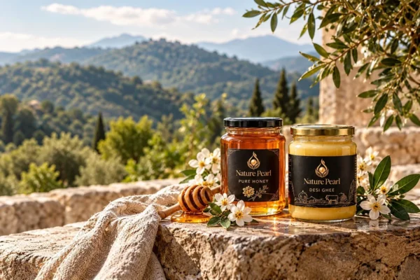 NaturePearl raw honey and desi ghee jars on a stone wall with honeycomb, flowers and green hills behind